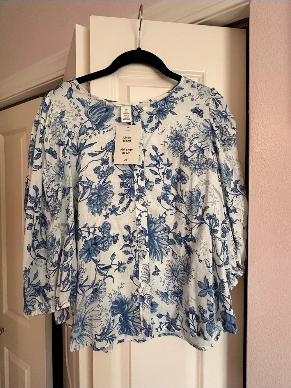 H&M White Button-Front Top with Blue Floral Print
